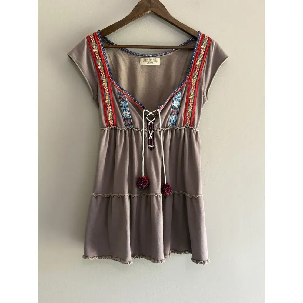 Free People Boho Babydoll Embroidered Tunic Dress Festival Hippie Tiered Folk XS